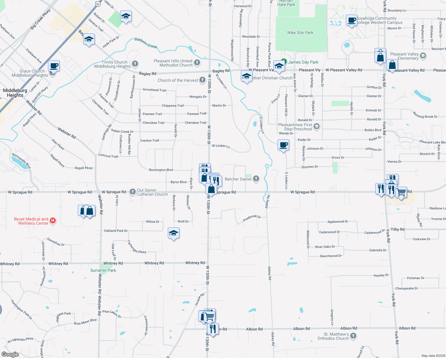 map of restaurants, bars, coffee shops, grocery stores, and more near 7841 Neil Drive in Parma