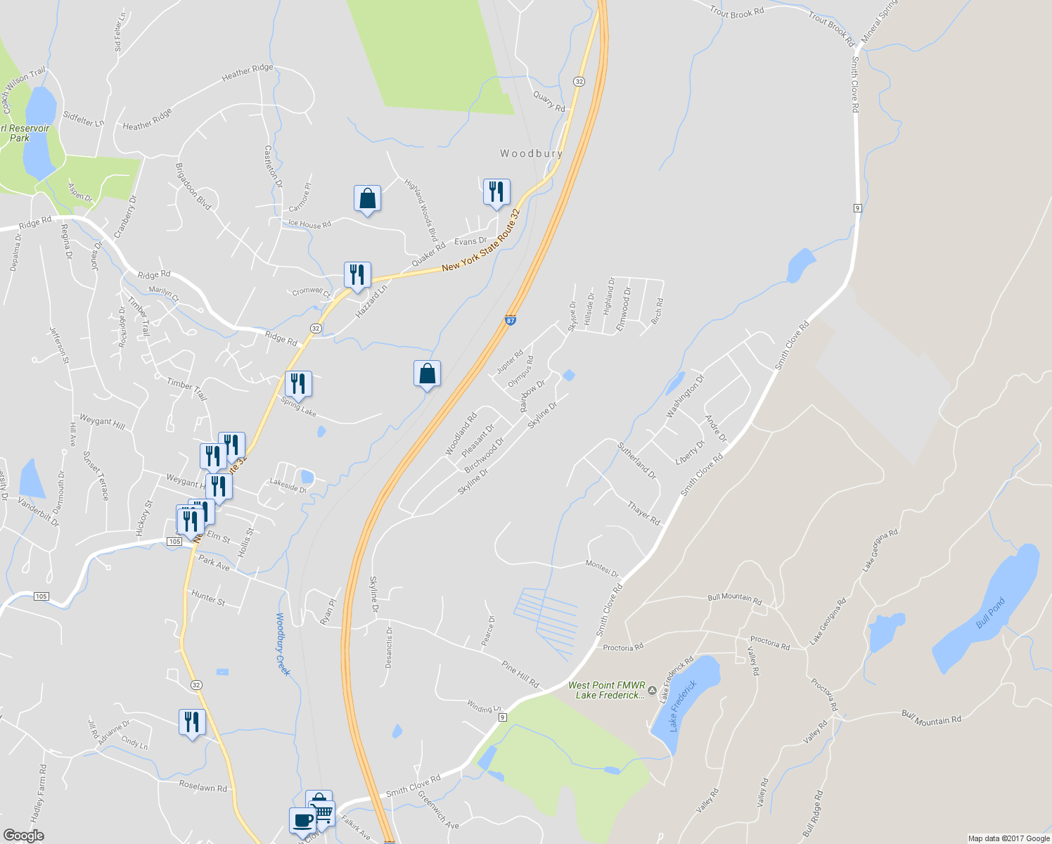 map of restaurants, bars, coffee shops, grocery stores, and more near 100 Birchwood Drive in Woodbury