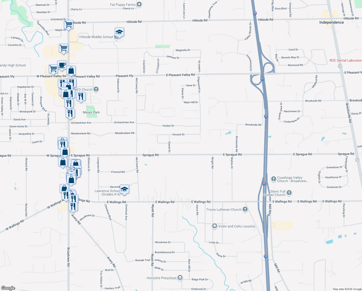 map of restaurants, bars, coffee shops, grocery stores, and more near 4018 Shelly Dr in Seven Hills