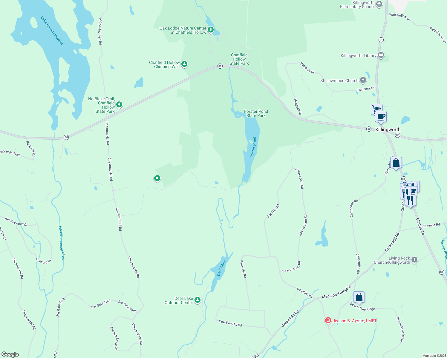 map of restaurants, bars, coffee shops, grocery stores, and more near 78 Champlin Road in Killingworth