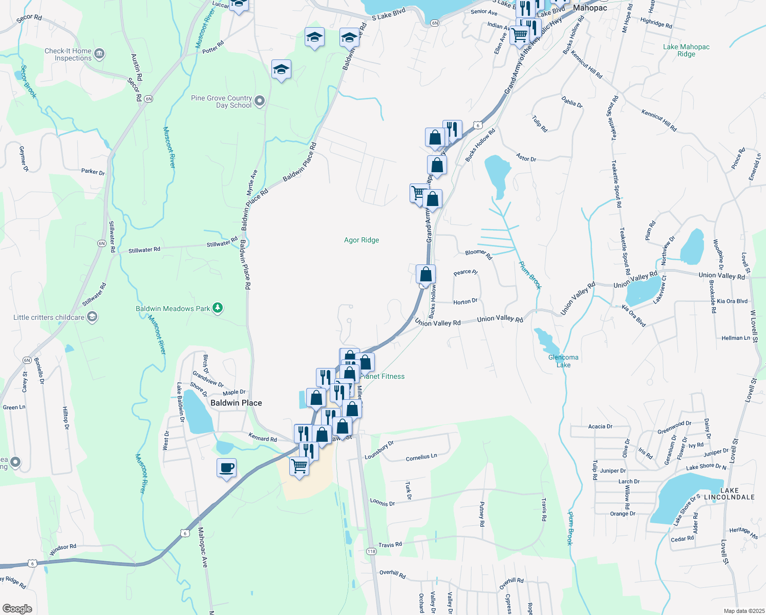 map of restaurants, bars, coffee shops, grocery stores, and more near 40 Mi-Anna Drive in Mahopac
