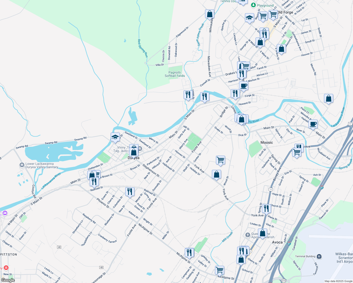 map of restaurants, bars, coffee shops, grocery stores, and more near 408 Foster St in Duryea