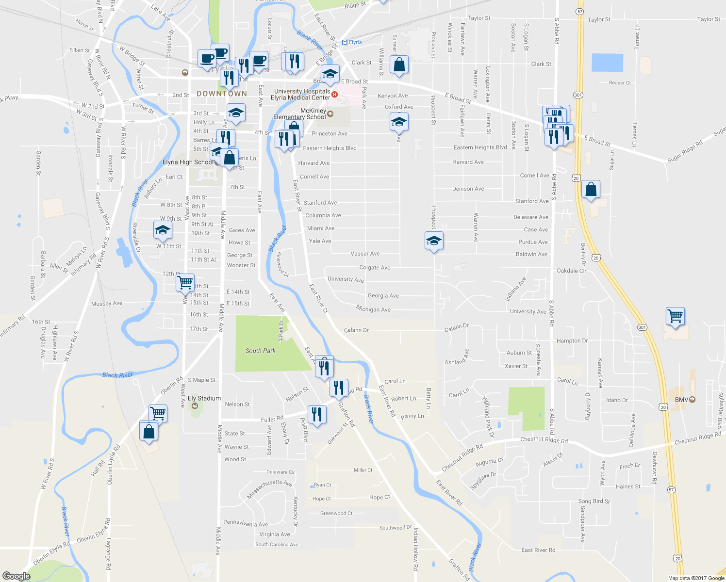 map of restaurants, bars, coffee shops, grocery stores, and more near 254 Georgia Ave in Elyria