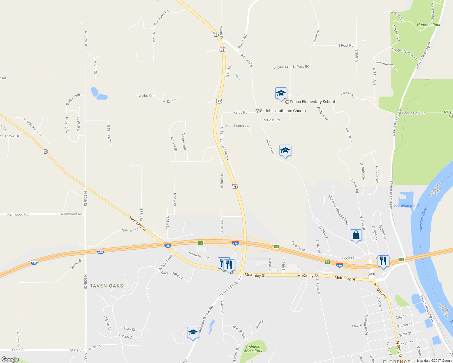 map of restaurants, bars, coffee shops, grocery stores, and more near 10335 North 48th Street in Omaha