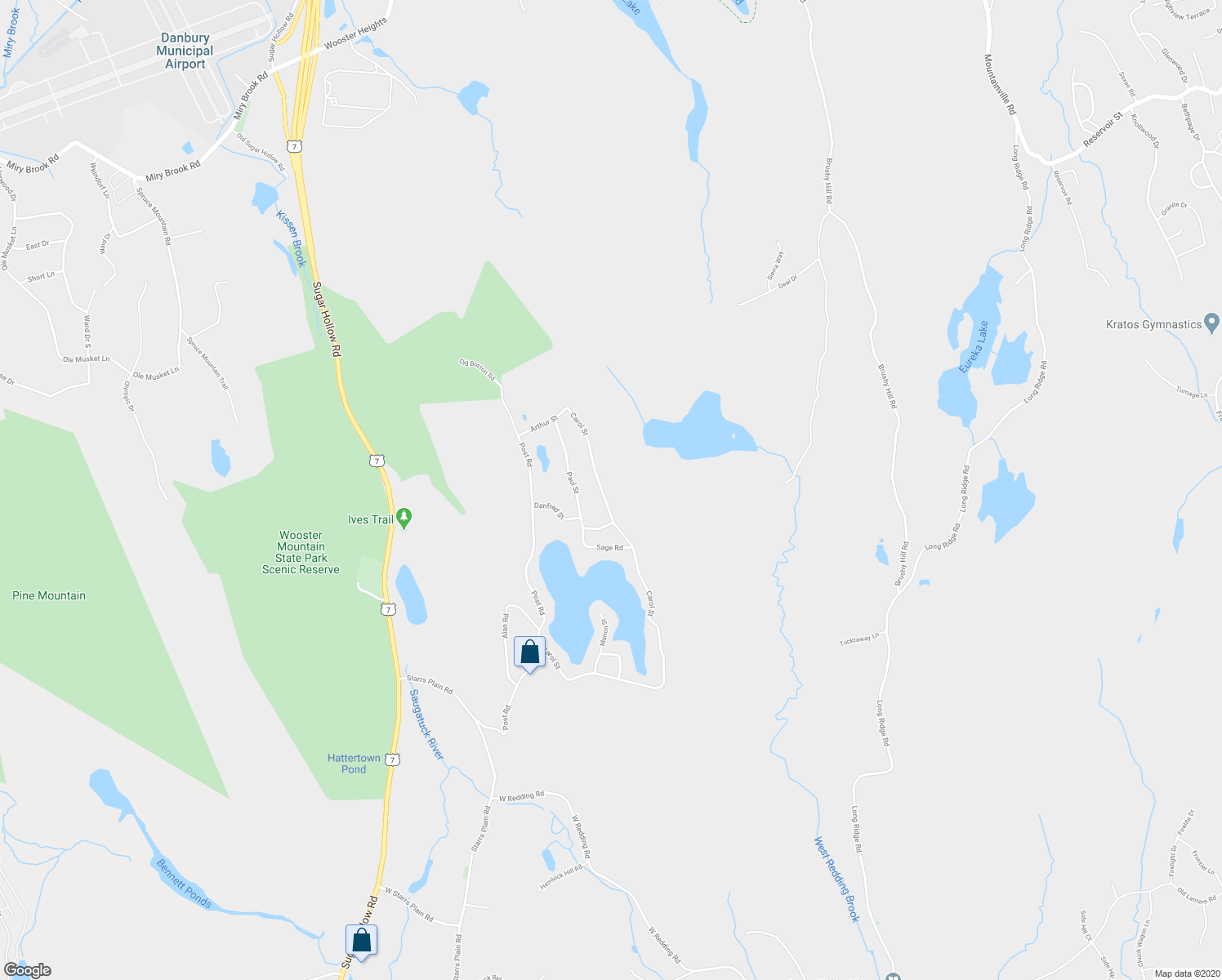 map of restaurants, bars, coffee shops, grocery stores, and more near 121 Carol Street in Danbury