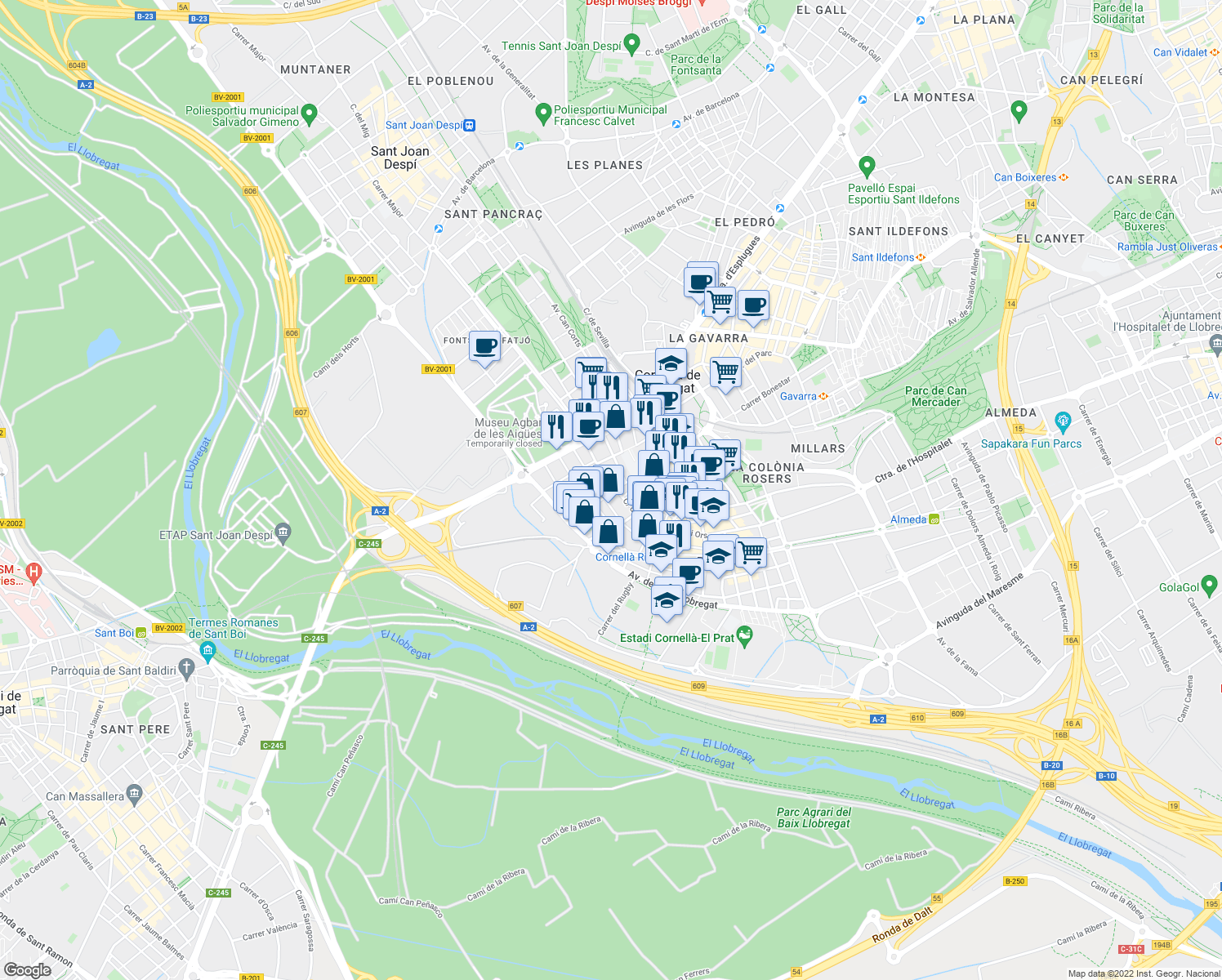 map of restaurants, bars, coffee shops, grocery stores, and more near 80 Carrer de Joaquim Rubió i Ors in Cornellà de Llobregat
