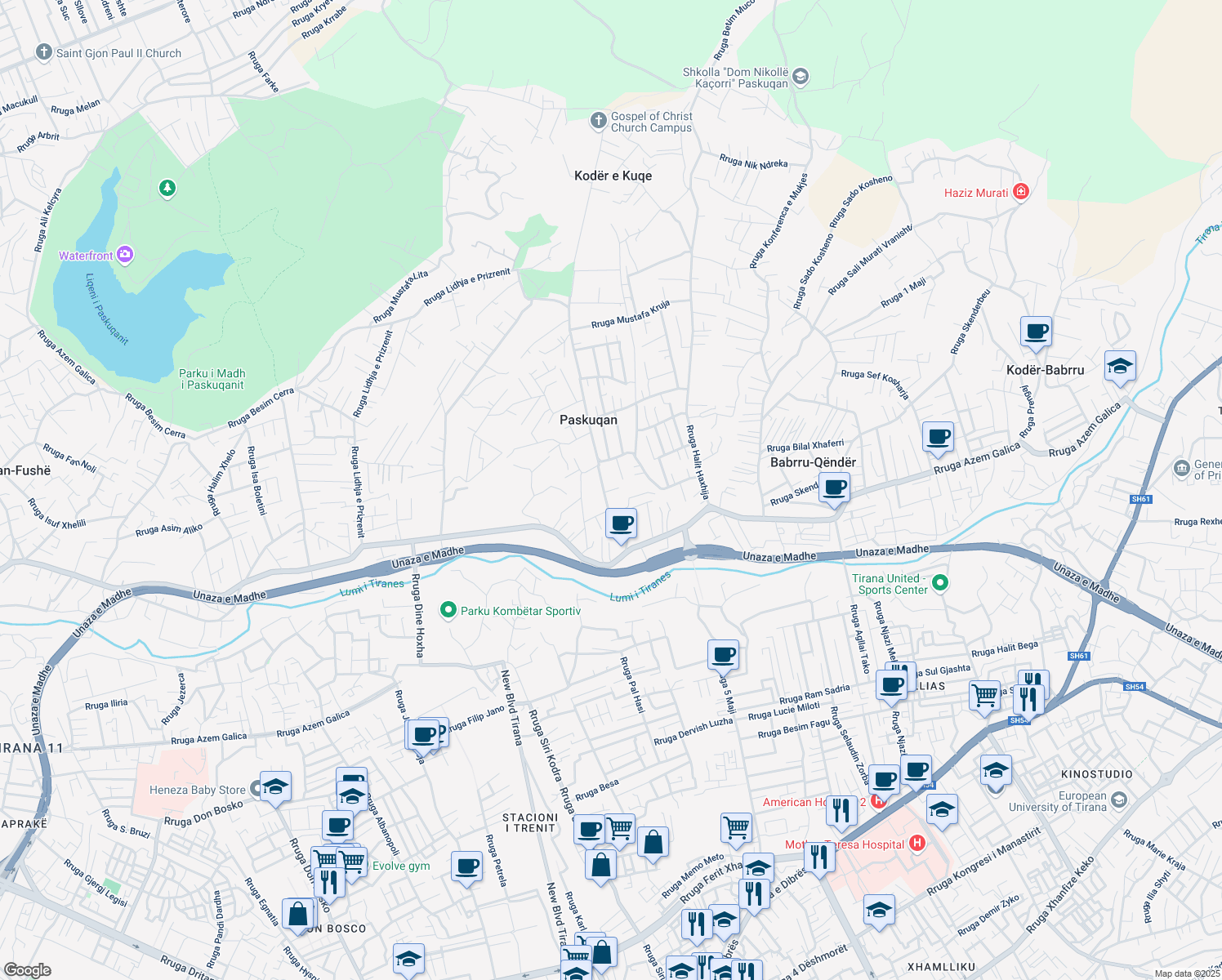 map of restaurants, bars, coffee shops, grocery stores, and more near Rruga Misto Mame in Paskuqan