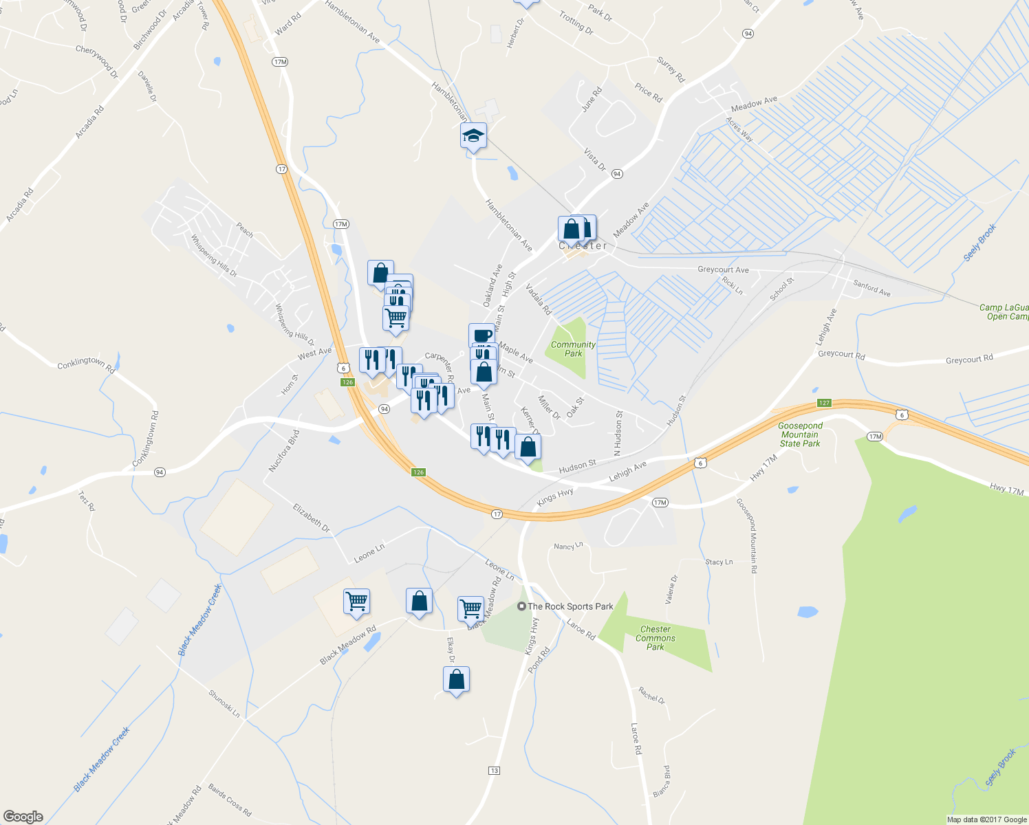 map of restaurants, bars, coffee shops, grocery stores, and more near 4 Green Way in Chester