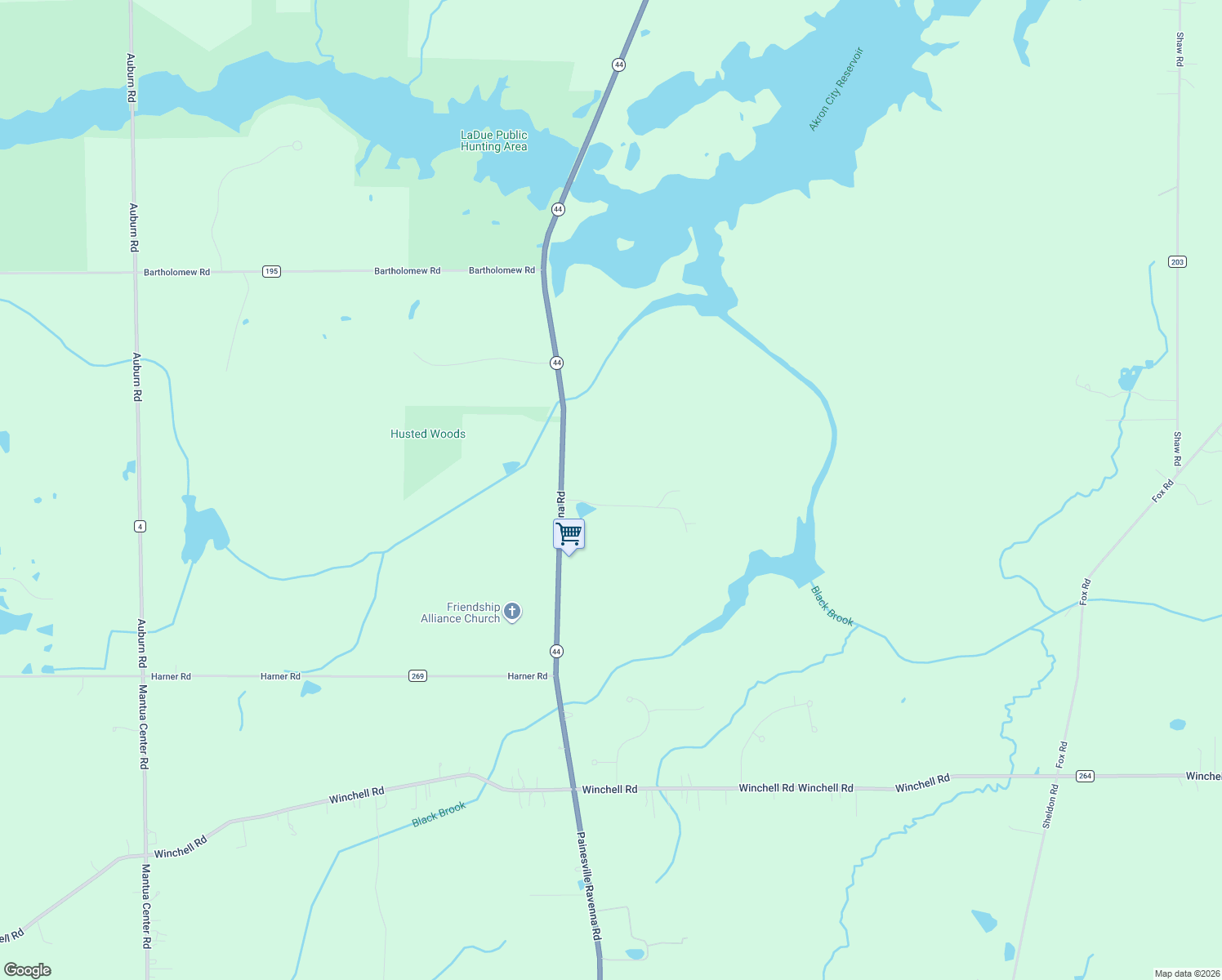 map of restaurants, bars, coffee shops, grocery stores, and more near 18919 Ravenna Road in Chagrin Falls