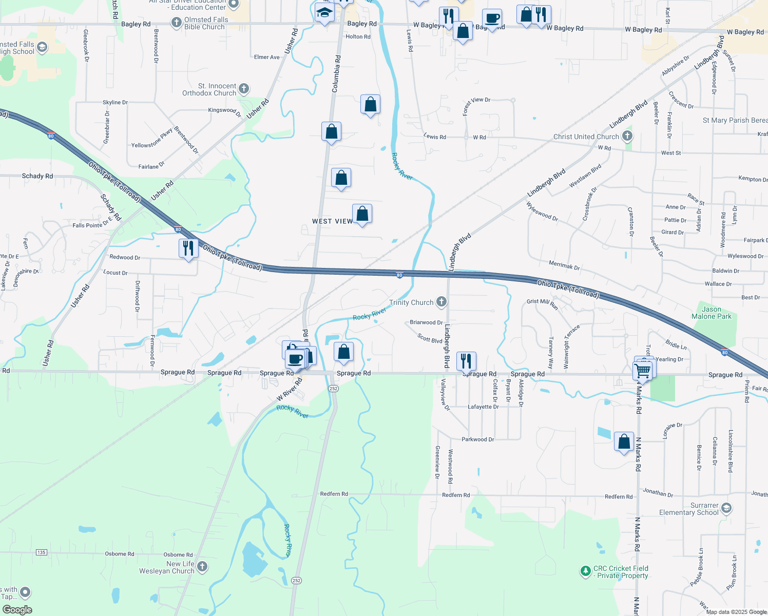 map of restaurants, bars, coffee shops, grocery stores, and more near 25353 Tyndall Falls Dr in Olmsted Falls