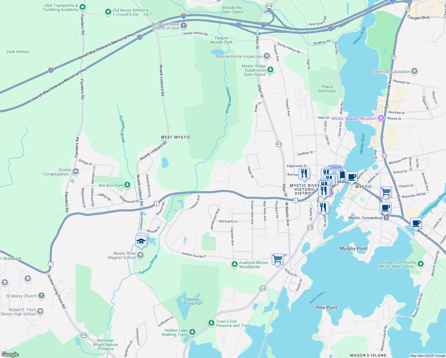 map of restaurants, bars, coffee shops, grocery stores, and more near 233 High Meadow Lane in Groton