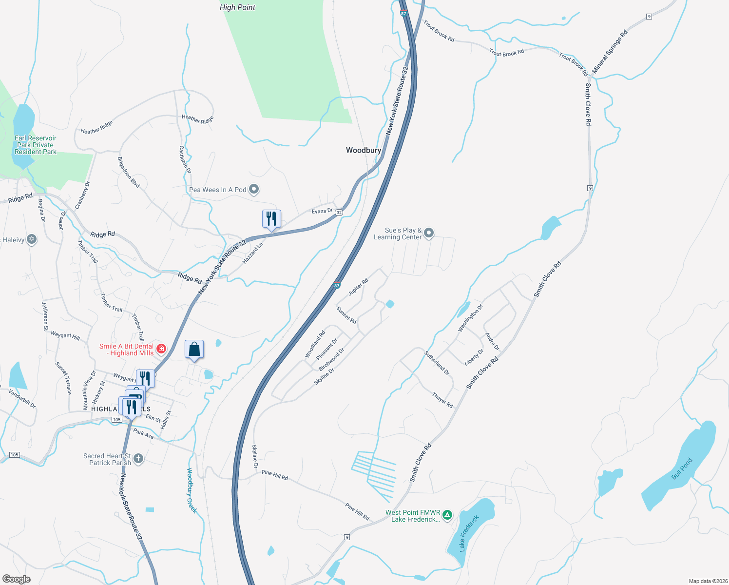 map of restaurants, bars, coffee shops, grocery stores, and more near 28 Olympus Road in Woodbury