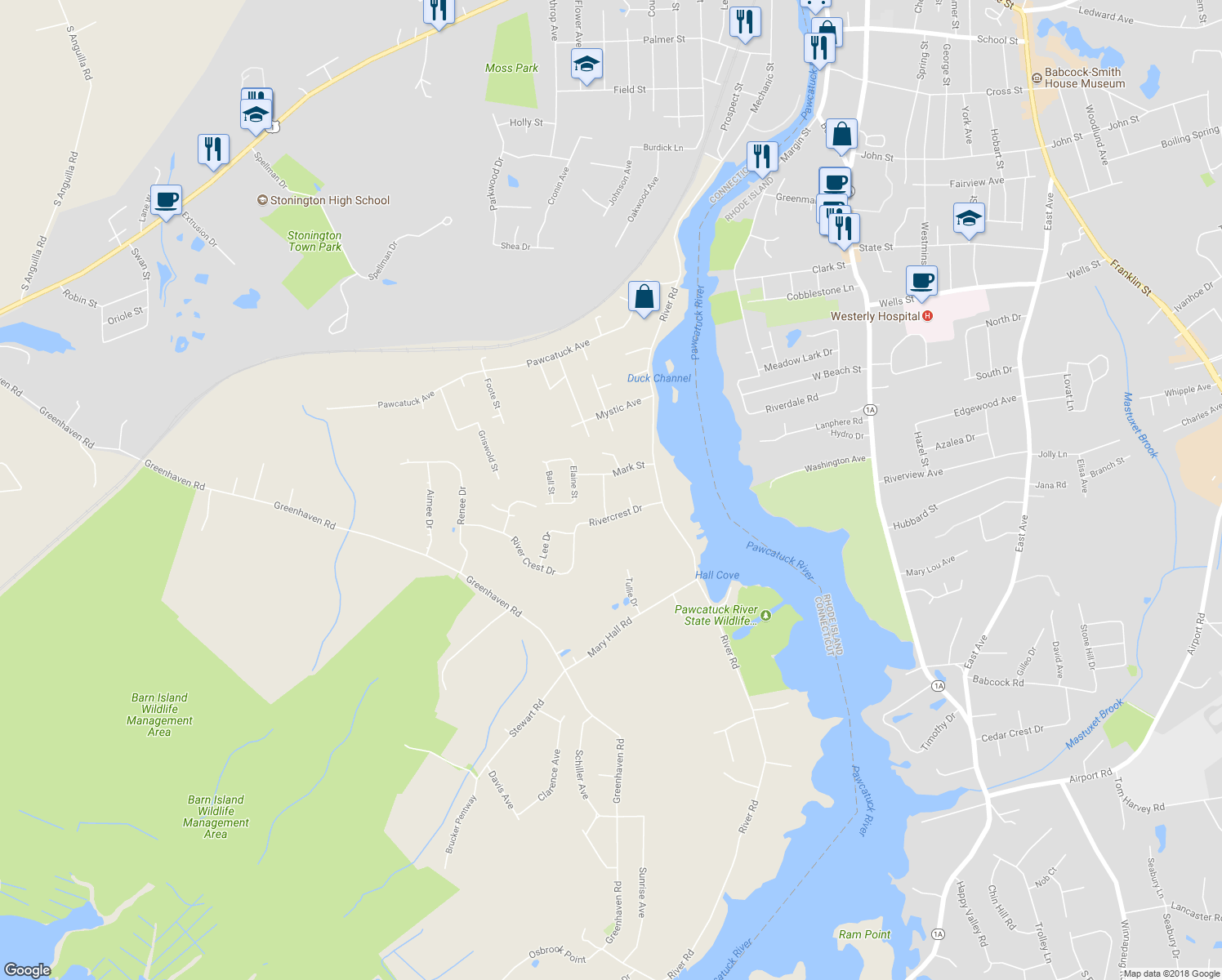 map of restaurants, bars, coffee shops, grocery stores, and more near 8 Hesford Drive in Stonington