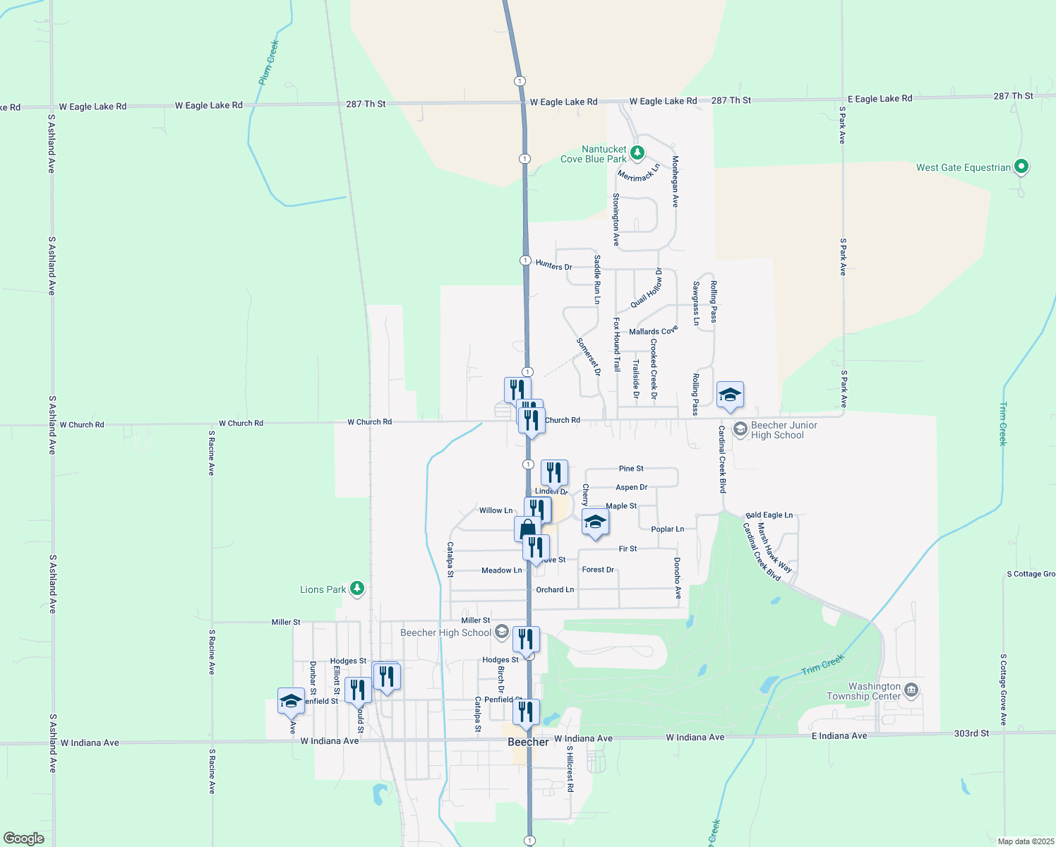map of restaurants, bars, coffee shops, grocery stores, and more near 29145 Dixie Hwy in Beecher