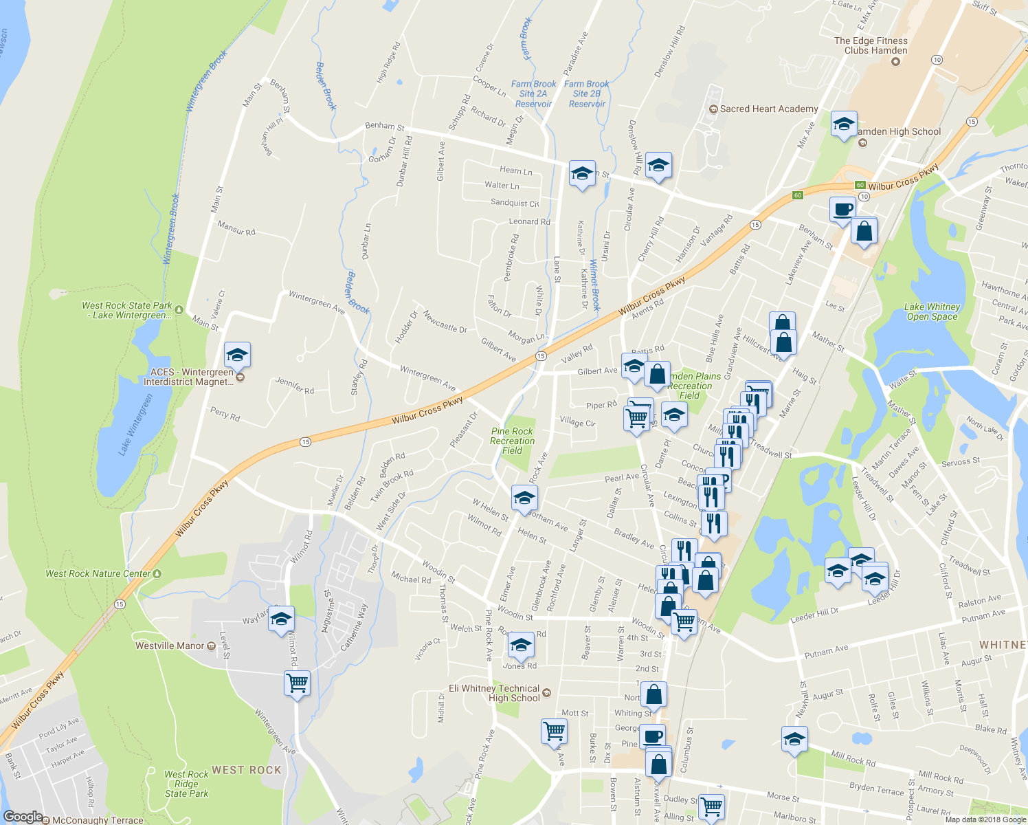 map of restaurants, bars, coffee shops, grocery stores, and more near 185 Brook St in Hamden