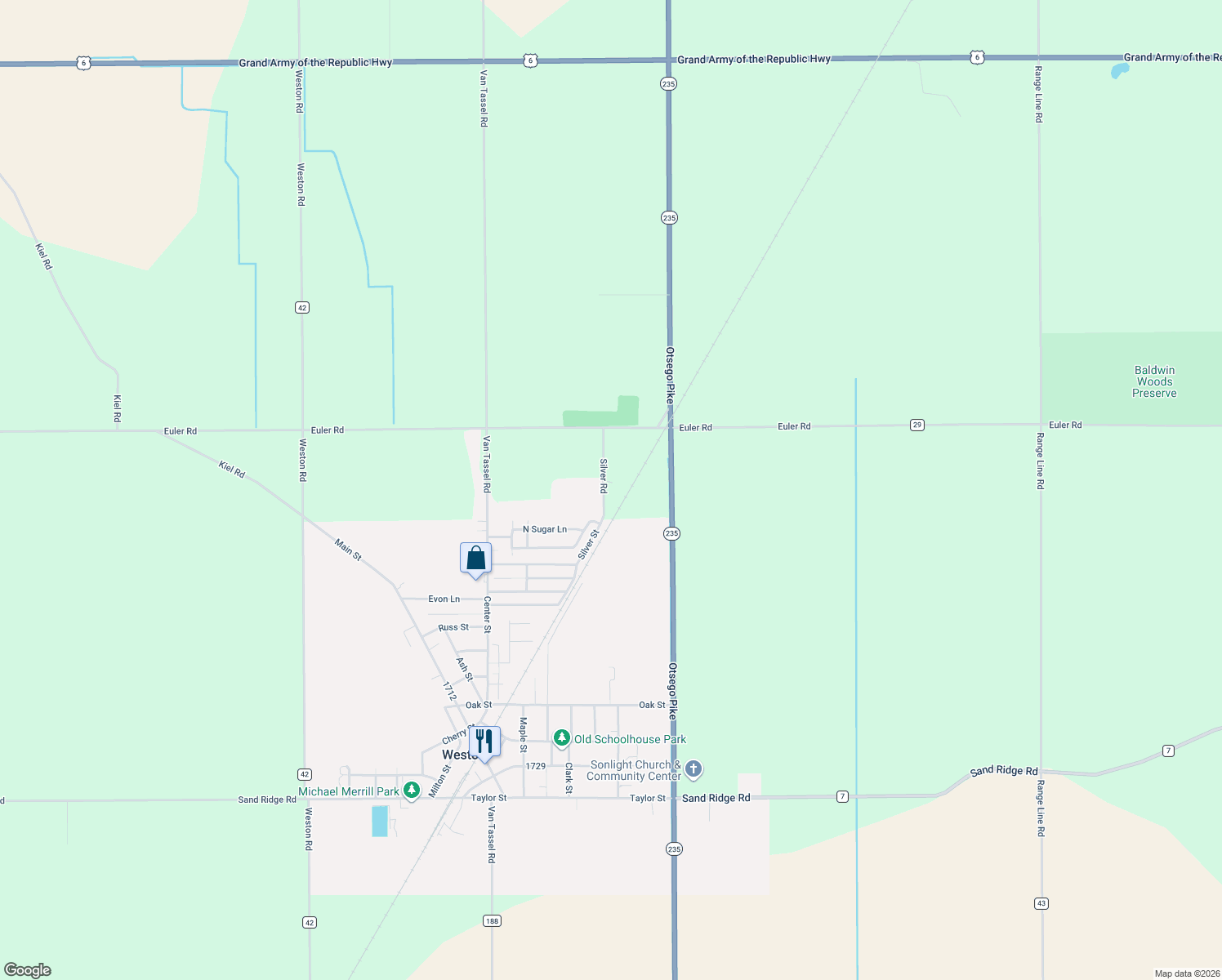 map of restaurants, bars, coffee shops, grocery stores, and more near 13888 Silver Street in Weston