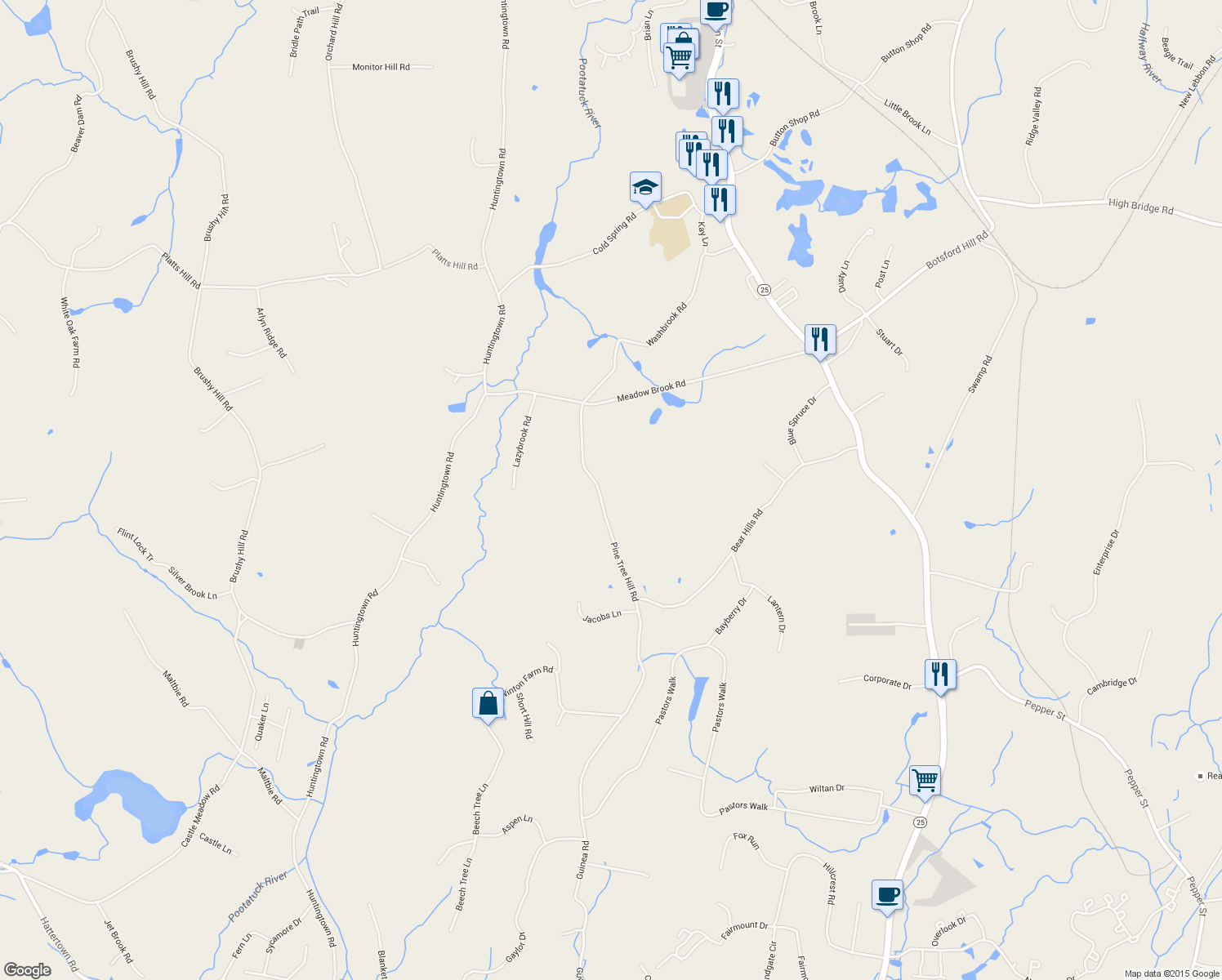 map of restaurants, bars, coffee shops, grocery stores, and more near 17 Pine Tree Hill Road in Newtown