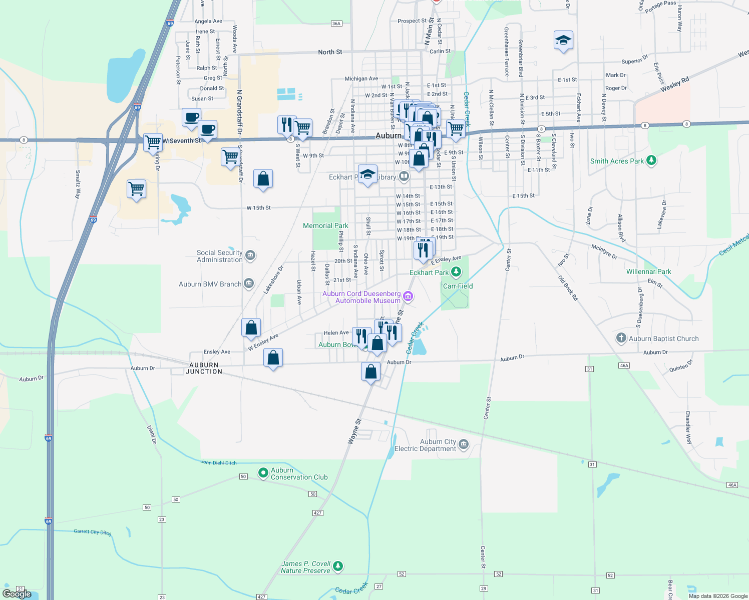 map of restaurants, bars, coffee shops, grocery stores, and more near 1601 Ohio Ave in Auburn