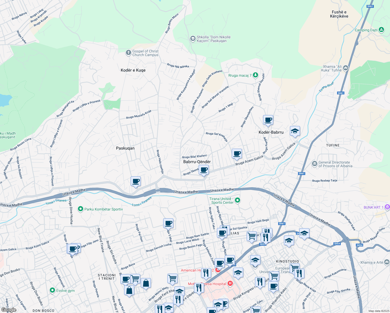 map of restaurants, bars, coffee shops, grocery stores, and more near Rruga Bilal Xhaferri in Tirana