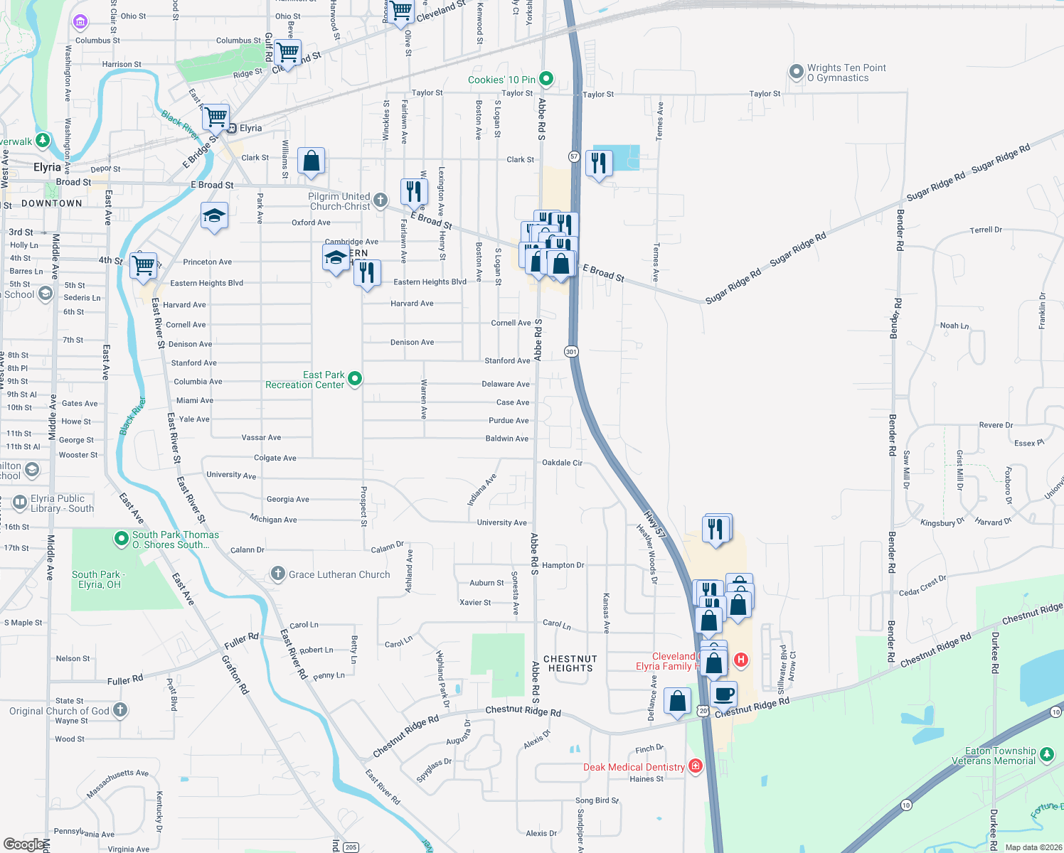 map of restaurants, bars, coffee shops, grocery stores, and more near 917 Purdue Ave in Elyria