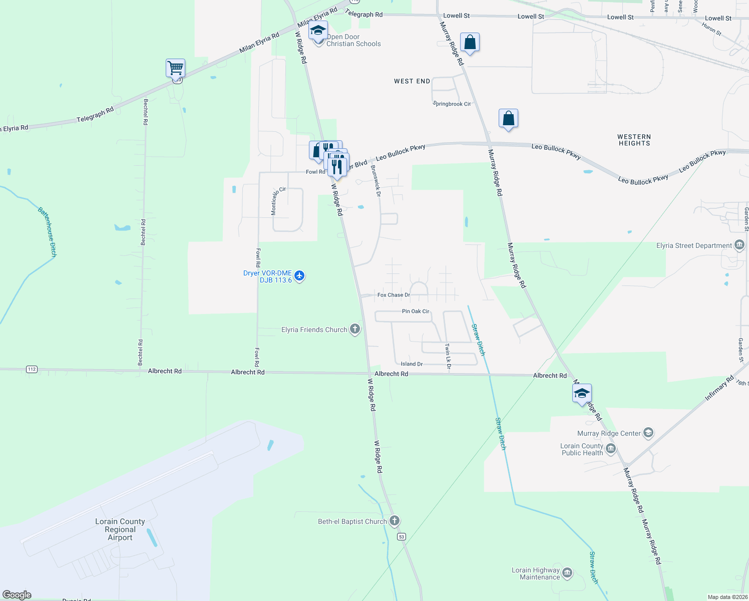 map of restaurants, bars, coffee shops, grocery stores, and more near 125 Kenny Brook Lane in Elyria