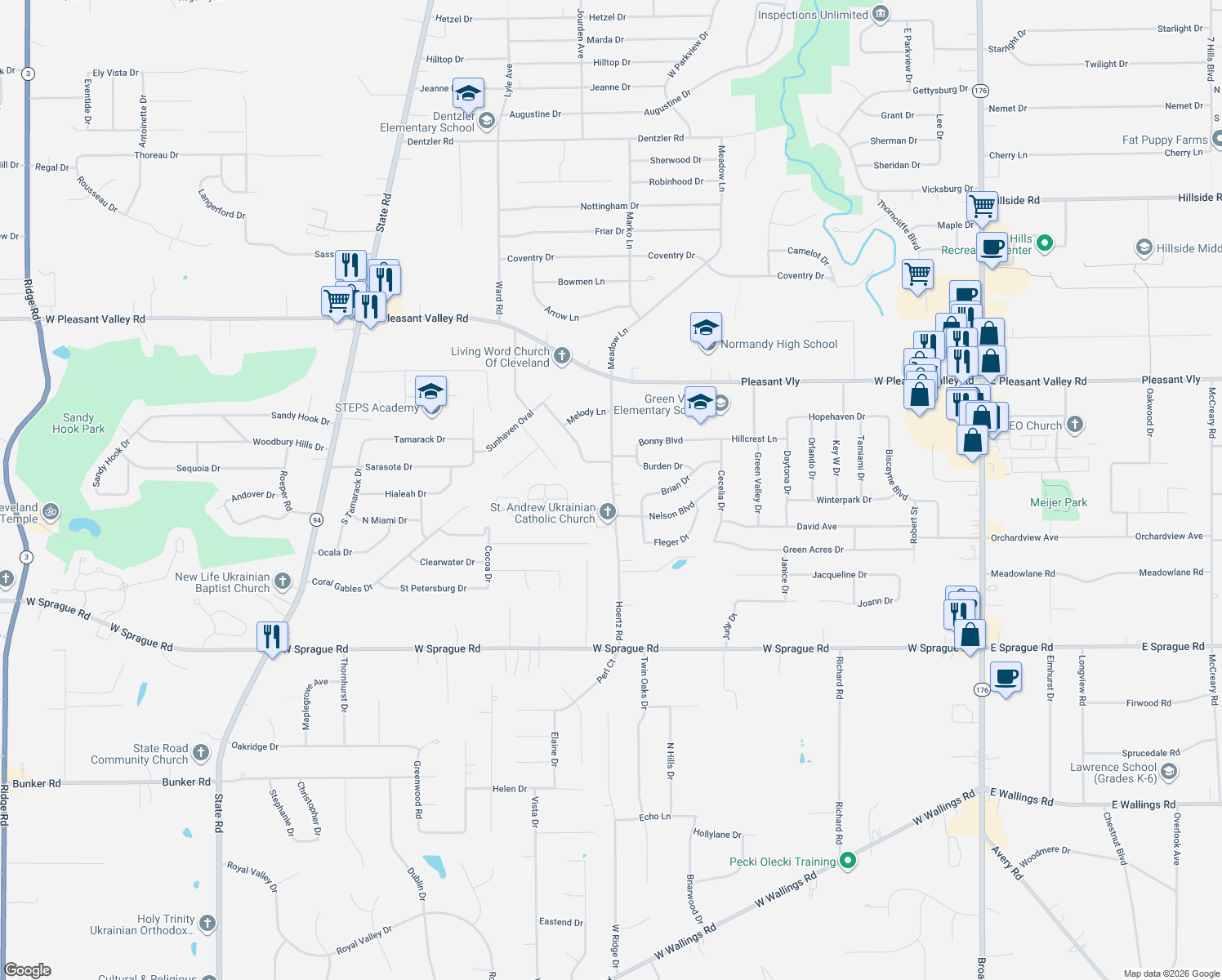 map of restaurants, bars, coffee shops, grocery stores, and more near 7691 Hoertz Road in Parma