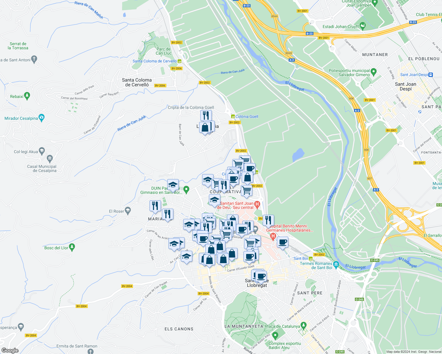 map of restaurants, bars, coffee shops, grocery stores, and more near in Sant Boi de Llobregat