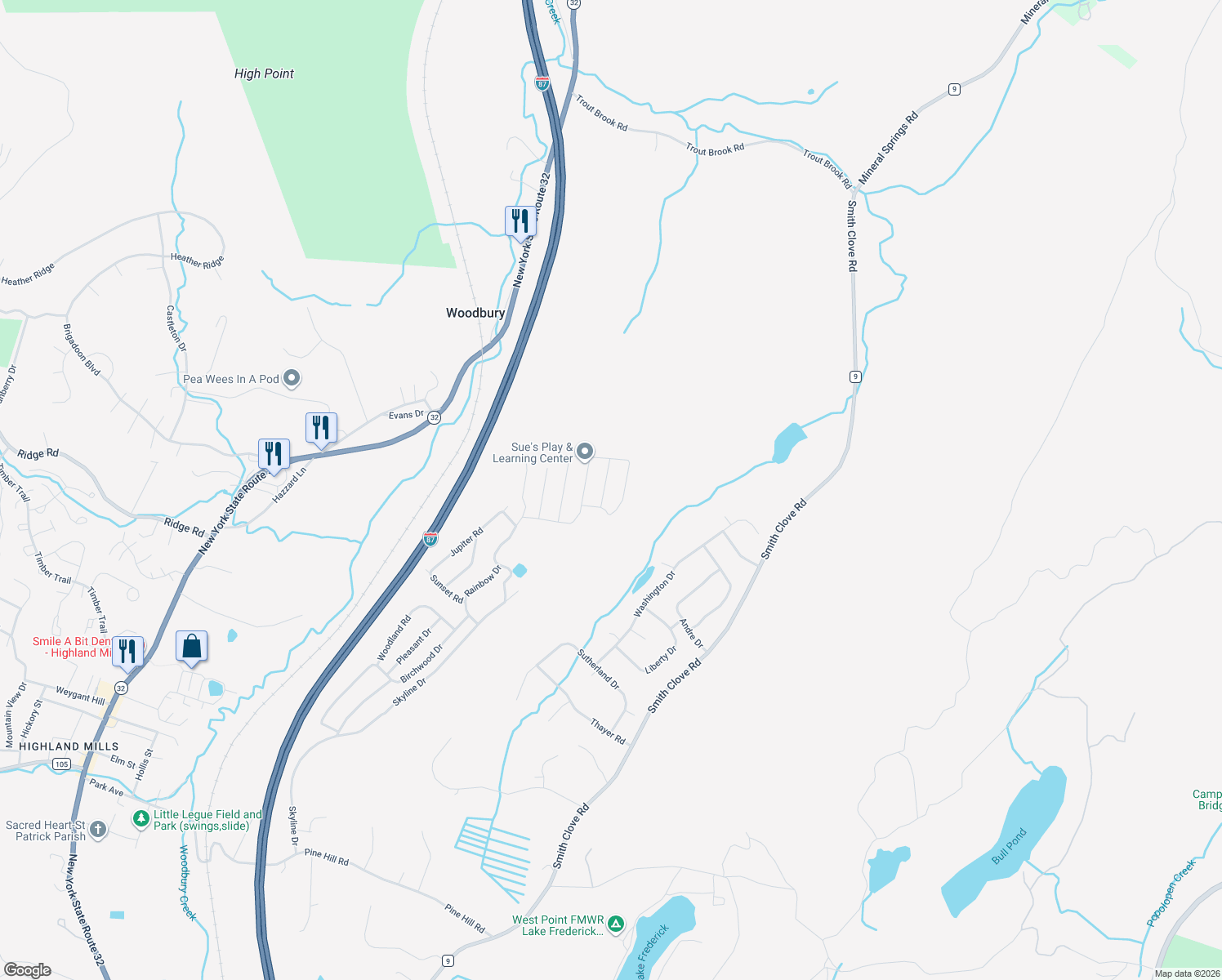 map of restaurants, bars, coffee shops, grocery stores, and more near 17 Birch Road in Woodbury