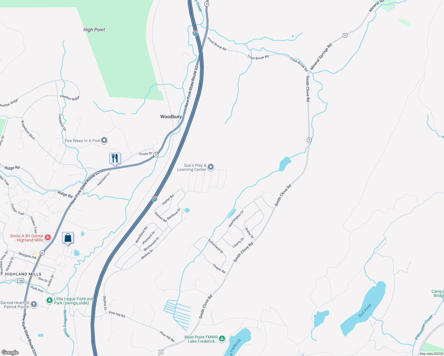 map of restaurants, bars, coffee shops, grocery stores, and more near 17 Birch Road in Woodbury