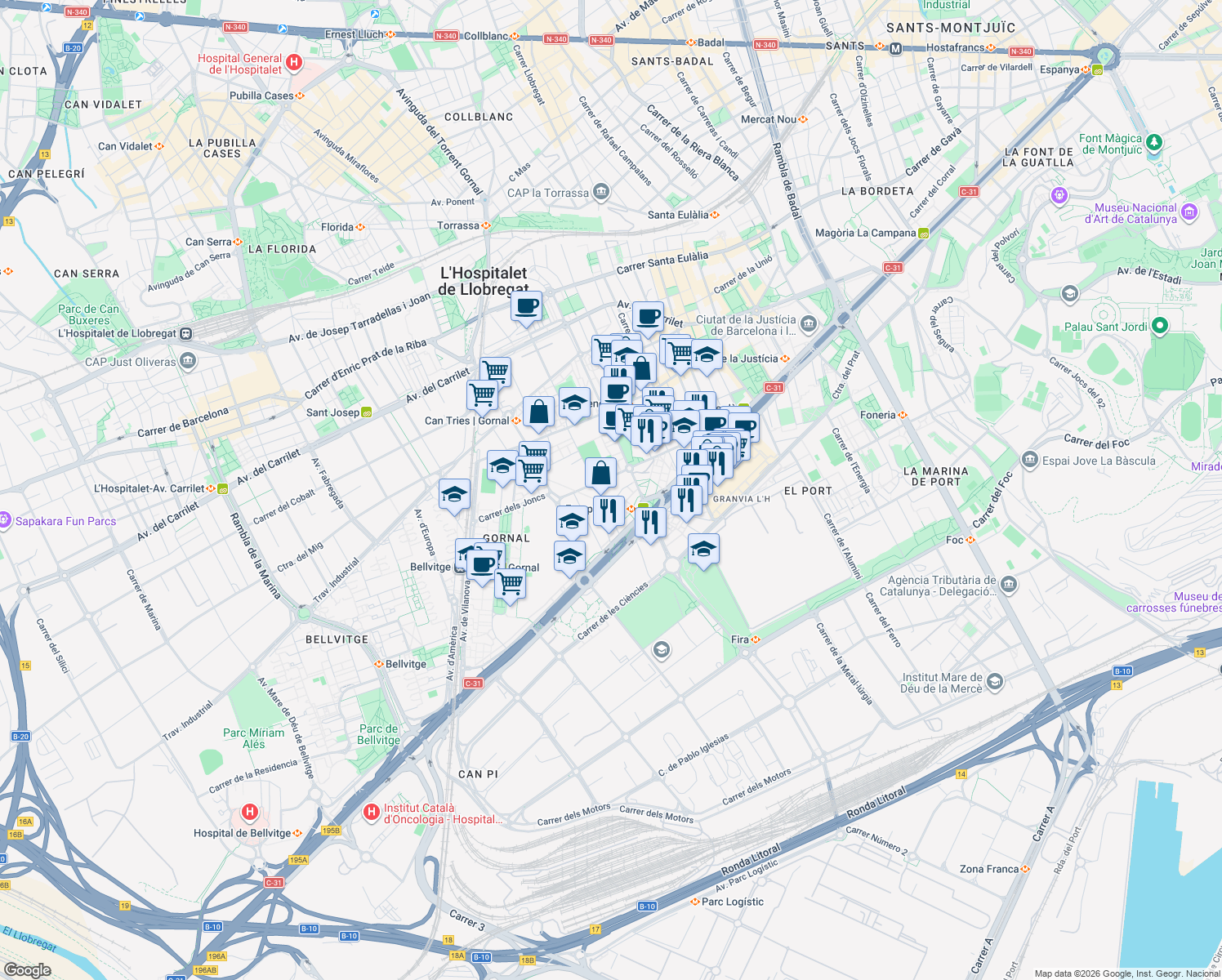 map of restaurants, bars, coffee shops, grocery stores, and more near 30-32 Plaça d'Europa in L'Hospitalet de Llobregat