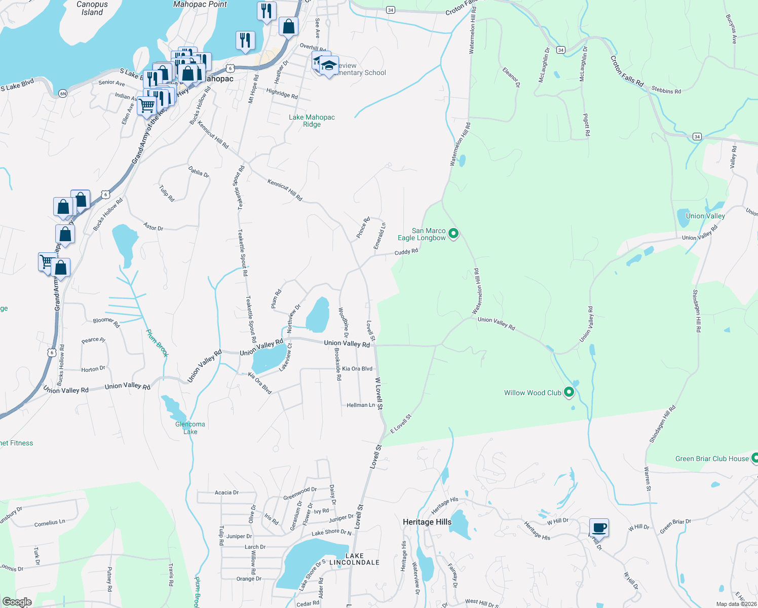 map of restaurants, bars, coffee shops, grocery stores, and more near 330 Lovell Street in Mahopac