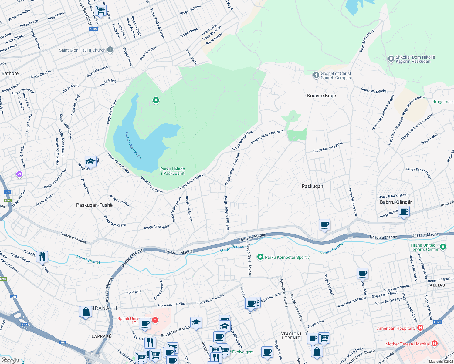 map of restaurants, bars, coffee shops, grocery stores, and more near Rruga Lidhja e Prizrenit in Tirana