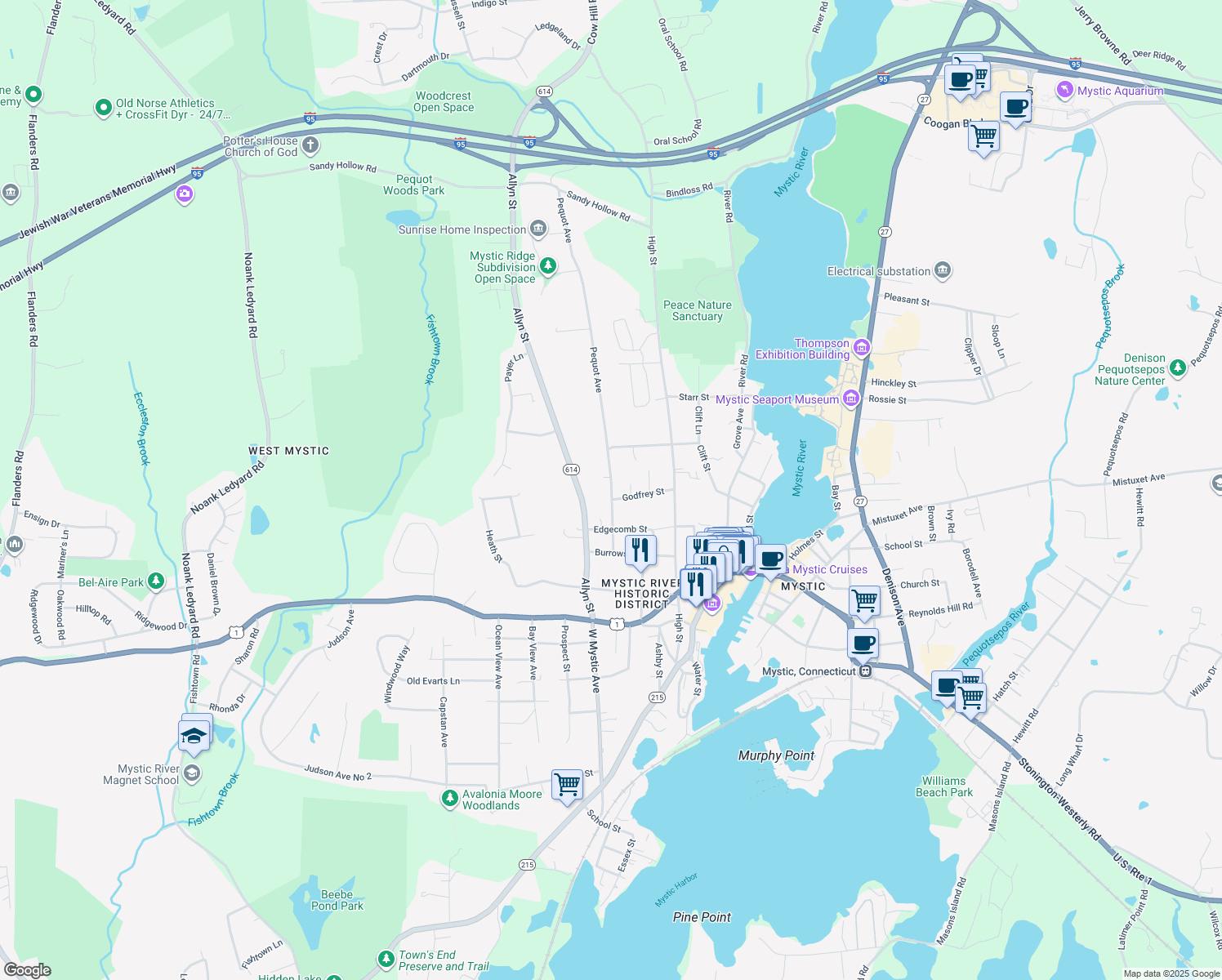 map of restaurants, bars, coffee shops, grocery stores, and more near 71 Pequot Avenue in Groton