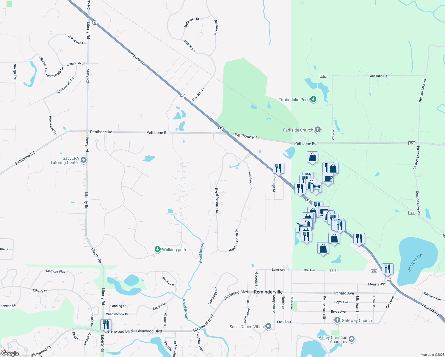 map of restaurants, bars, coffee shops, grocery stores, and more near 7315 Royal Portrush Drive in Solon