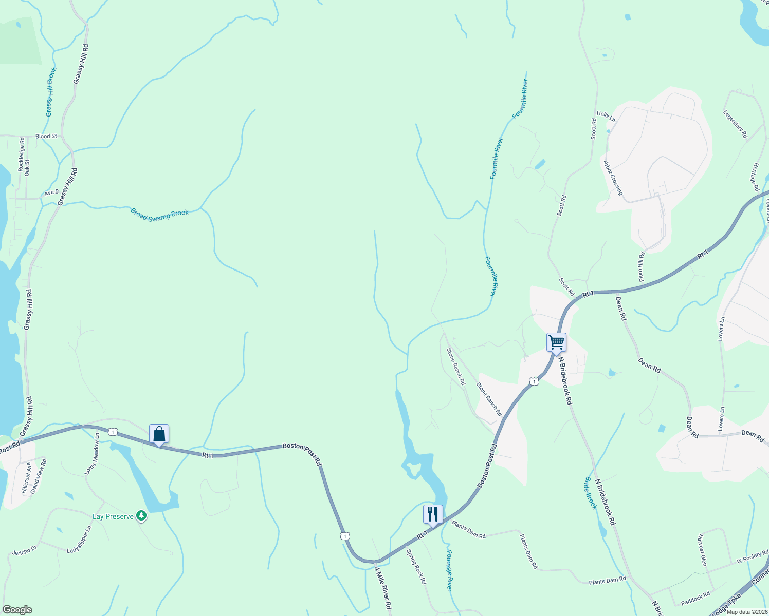 map of restaurants, bars, coffee shops, grocery stores, and more near 56 Stone Ranch Road in East Lyme