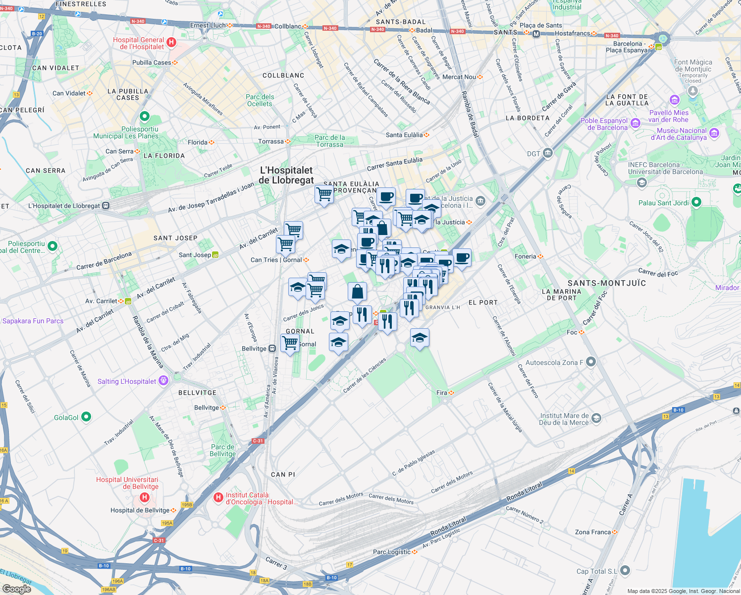 map of restaurants, bars, coffee shops, grocery stores, and more near 1 Carrer de Jerusalem in L'Hospitalet de Llobregat