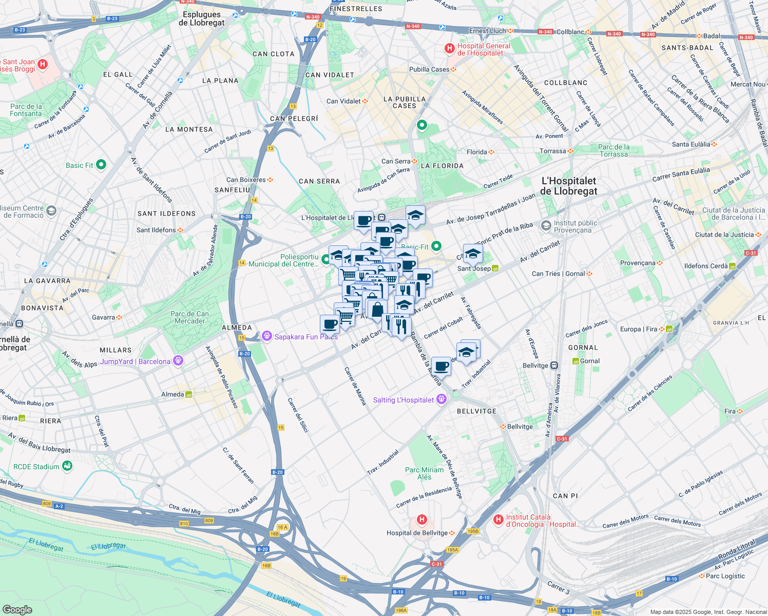 map of restaurants, bars, coffee shops, grocery stores, and more near 17 Carrer Santa Anna in L'Hospitalet de Llobregat