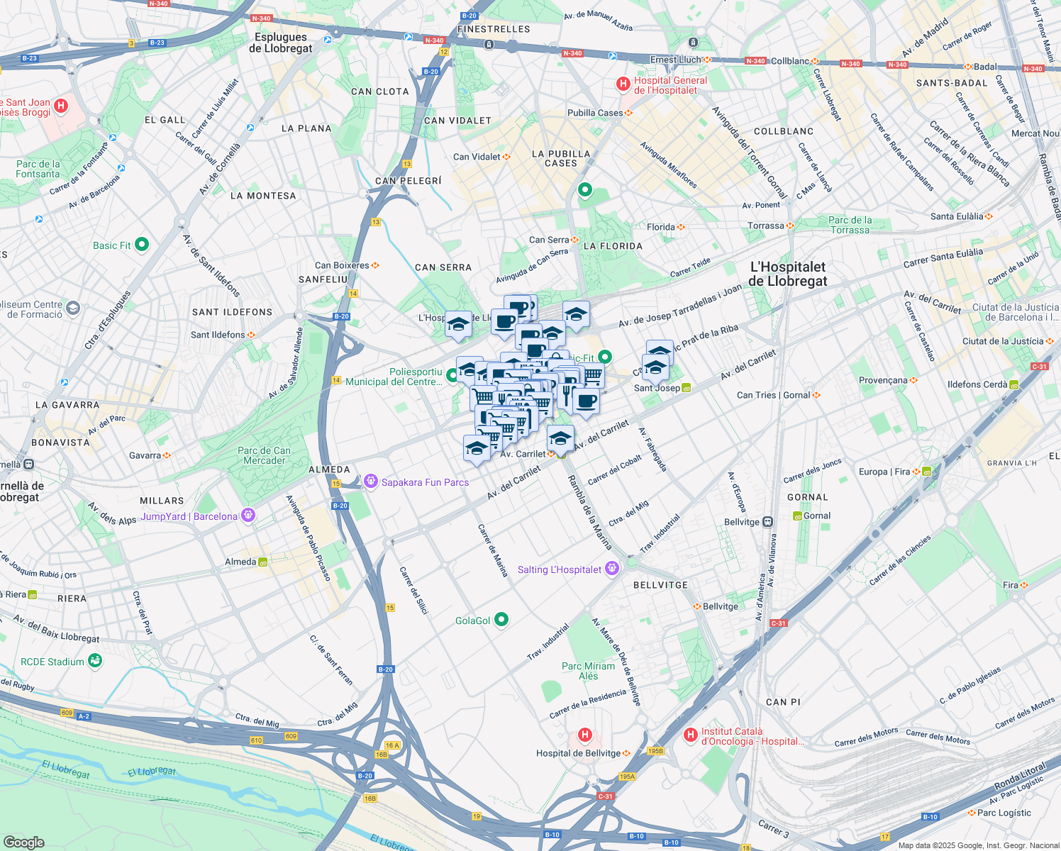 map of restaurants, bars, coffee shops, grocery stores, and more near 17 Carrer Santa Anna in L'Hospitalet de Llobregat