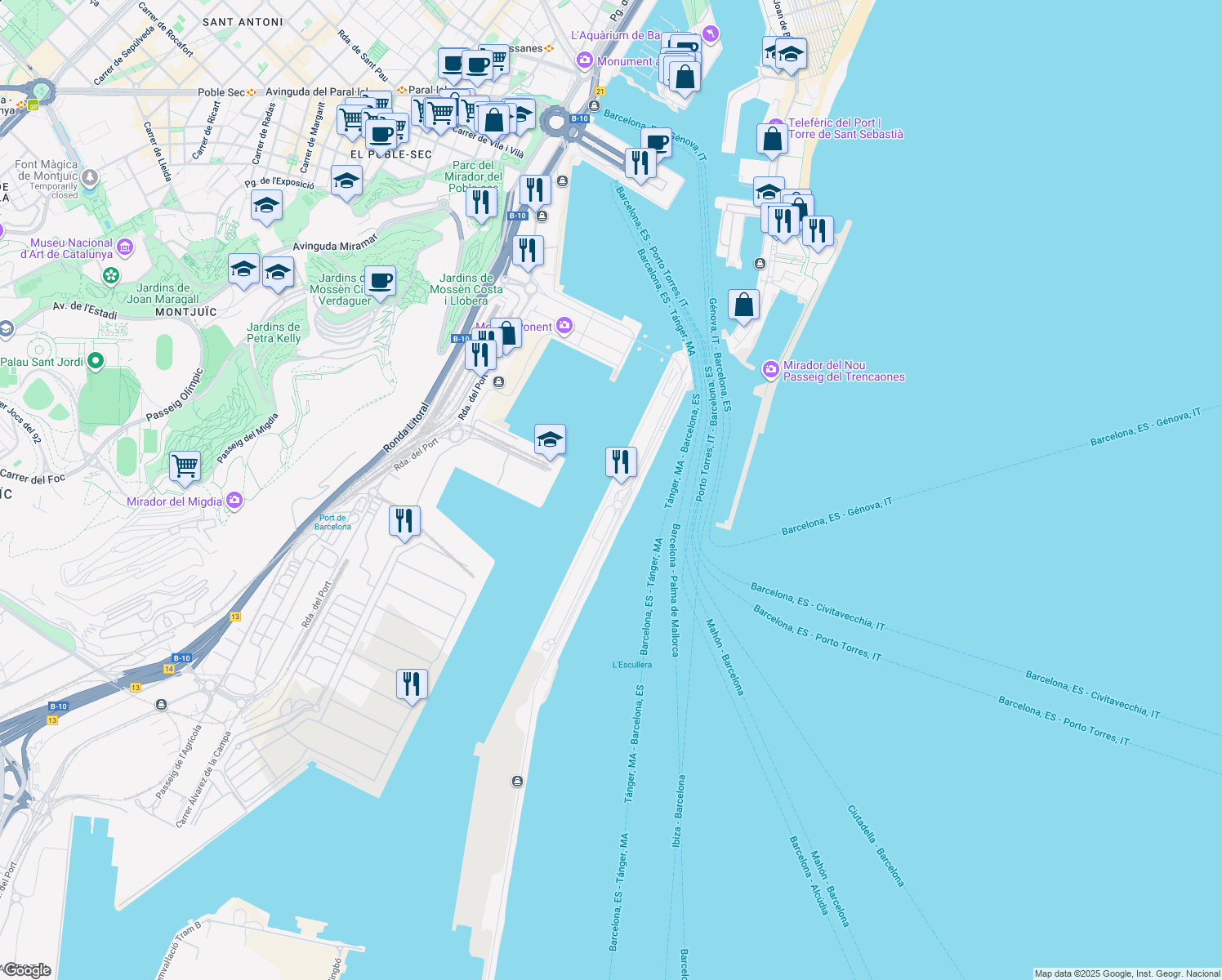 map of restaurants, bars, coffee shops, grocery stores, and more near Moll Adossat in Barcelona