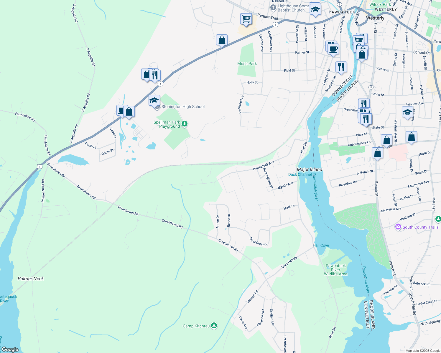 map of restaurants, bars, coffee shops, grocery stores, and more near 142 Pawcatuck Avenue in Stonington