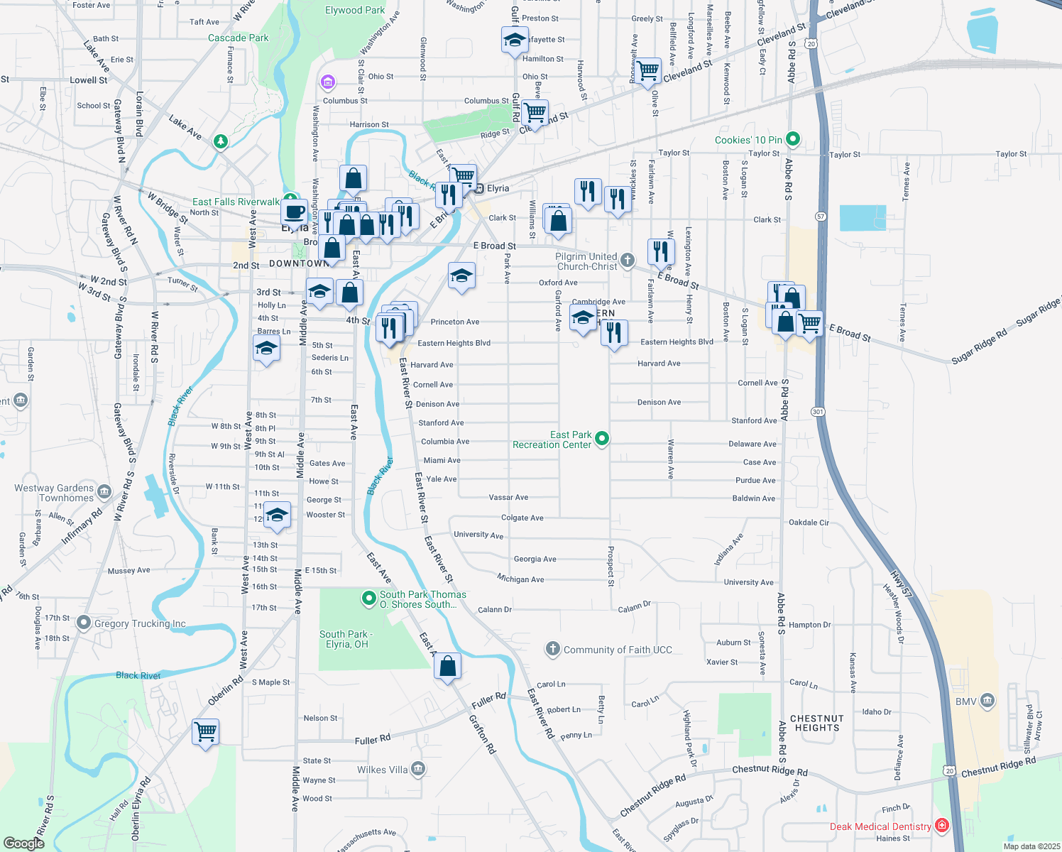 map of restaurants, bars, coffee shops, grocery stores, and more near 327 Stanford Avenue in Elyria