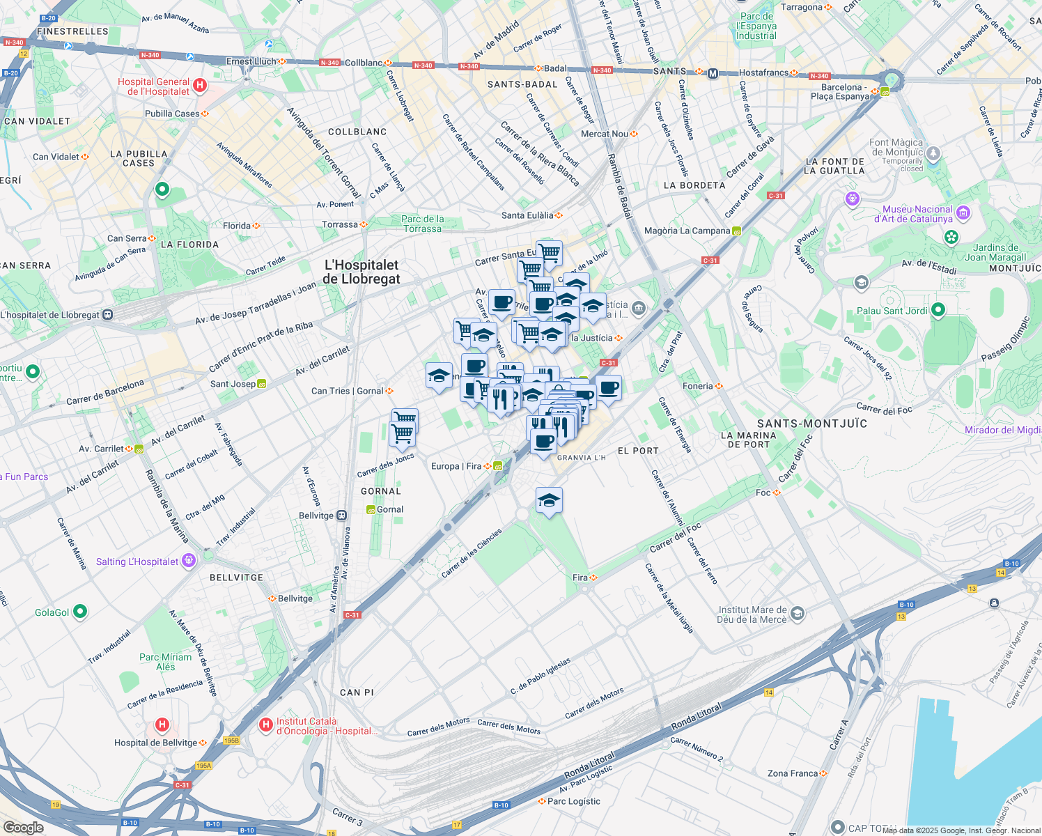 map of restaurants, bars, coffee shops, grocery stores, and more near 55 Carrer Igualtat in Hospitalet de Llobregat