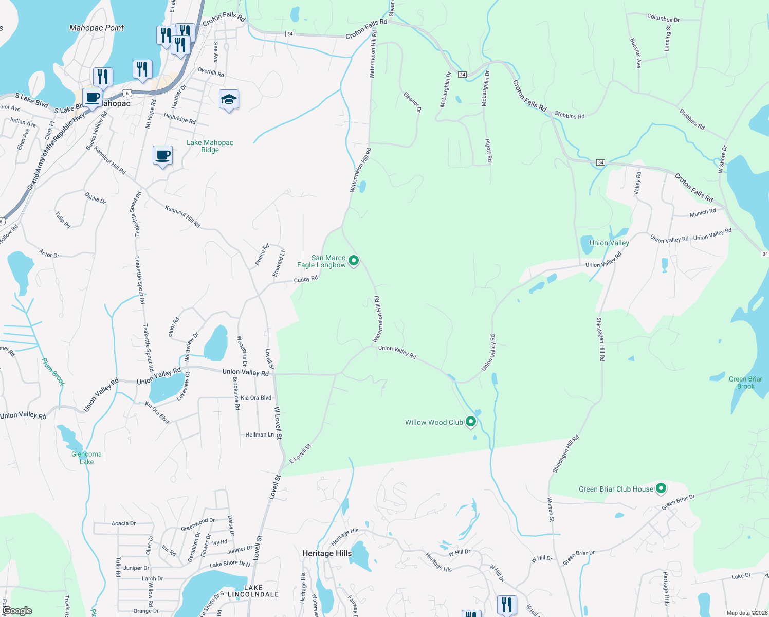 map of restaurants, bars, coffee shops, grocery stores, and more near 36 Watermelon Hill Road in Mahopac