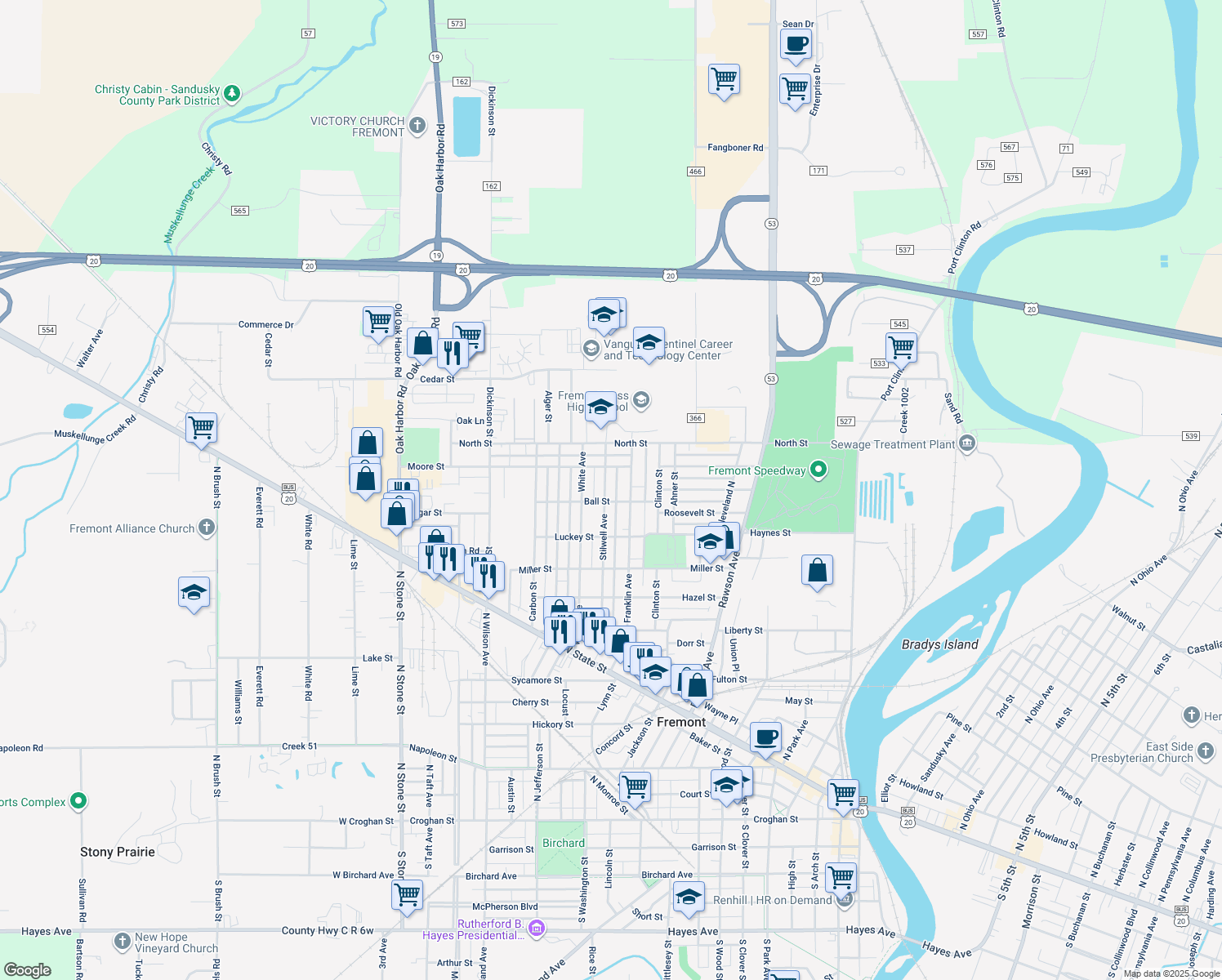 map of restaurants, bars, coffee shops, grocery stores, and more near 1211 Stilwell Ave in Fremont