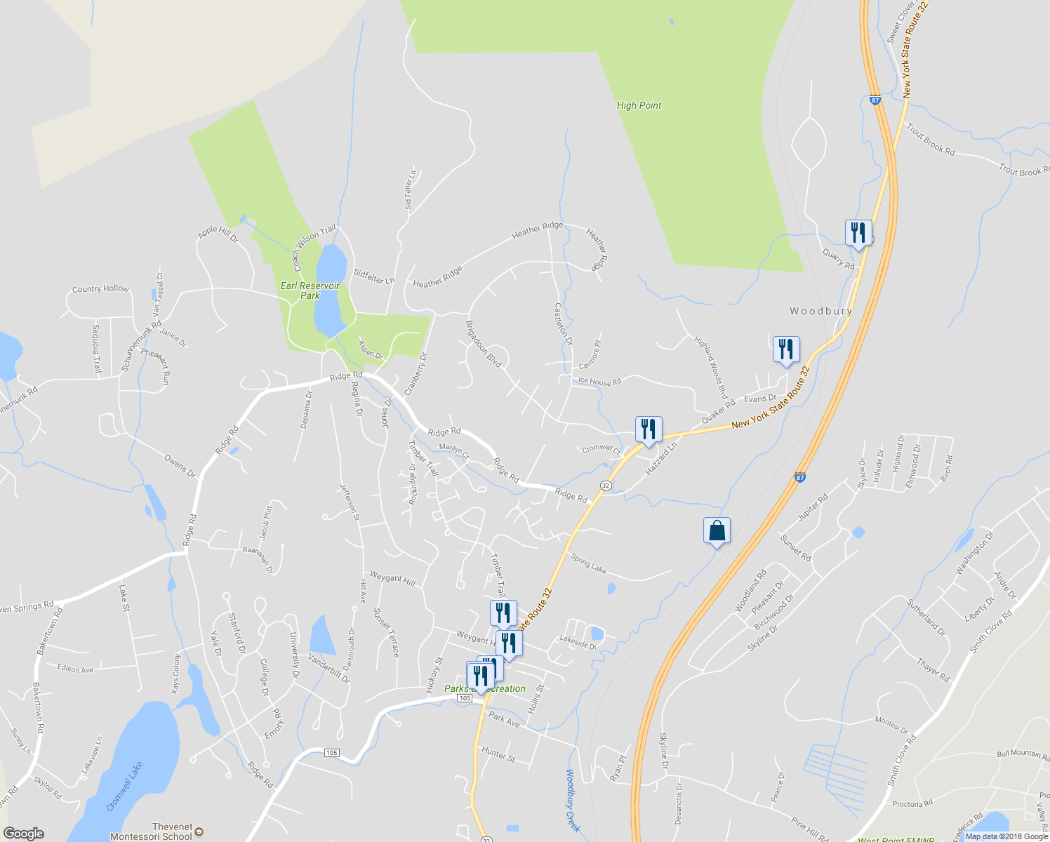 map of restaurants, bars, coffee shops, grocery stores, and more near 9 Waverly Court in Woodbury