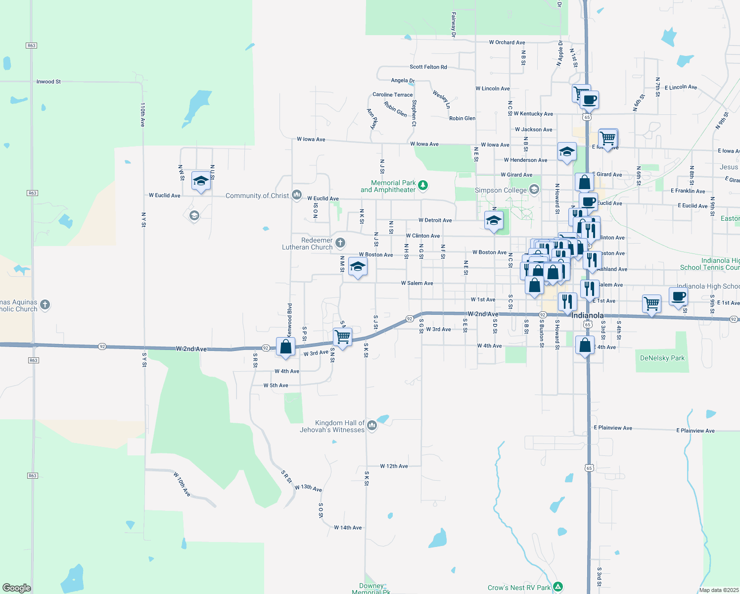 map of restaurants, bars, coffee shops, grocery stores, and more near 111 S J St in Indianola