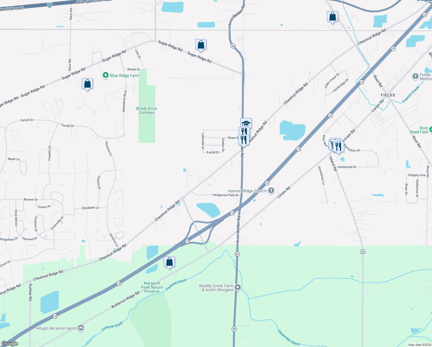 map of restaurants, bars, coffee shops, grocery stores, and more near 36261 Chestnut Ridge Rd in North Ridgeville