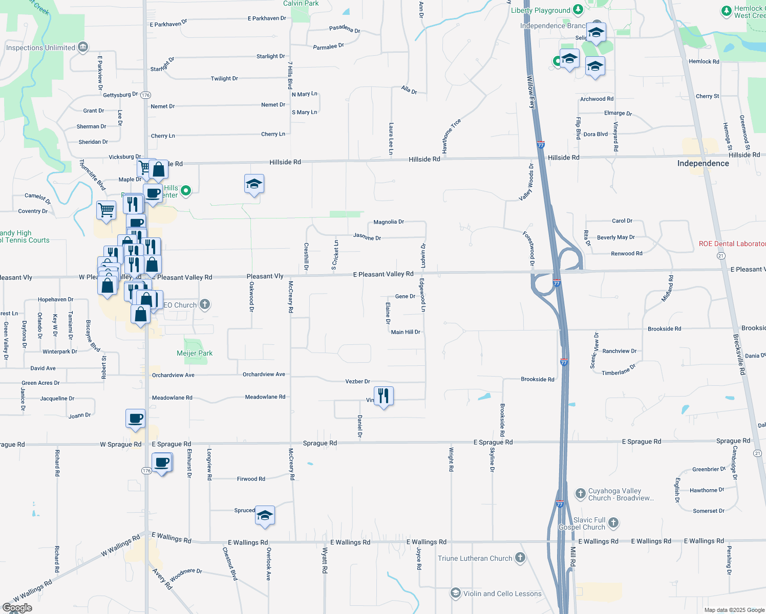 map of restaurants, bars, coffee shops, grocery stores, and more near 7530 Elaine Dr in Seven Hills