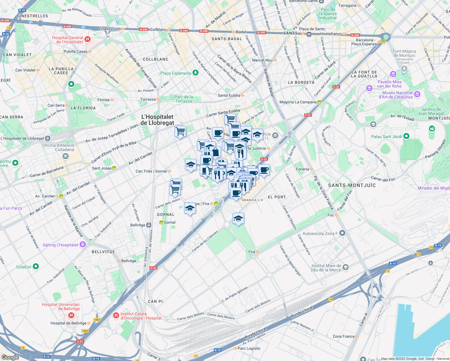 map of restaurants, bars, coffee shops, grocery stores, and more near 53 Carrer Igualtat in L'Hospitalet de Llobregat