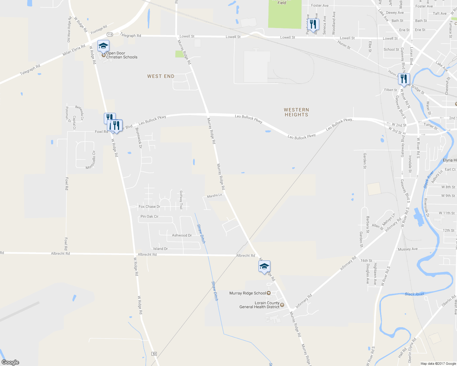 map of restaurants, bars, coffee shops, grocery stores, and more near 9005 Murray Ridge Road in Elyria